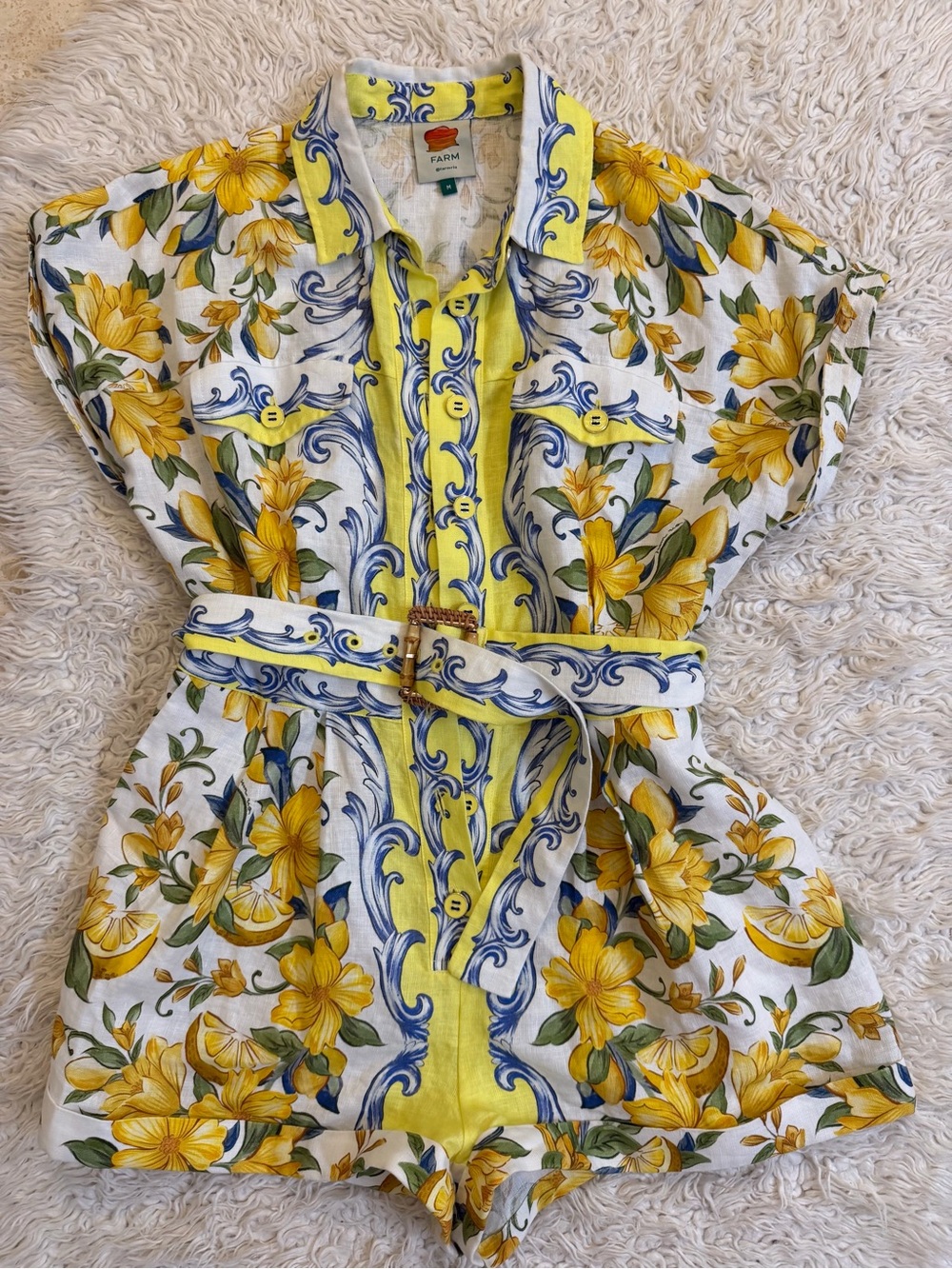 Farm Rio Yellow Floral Belted Shirt romper size M - Picture 5 of 7